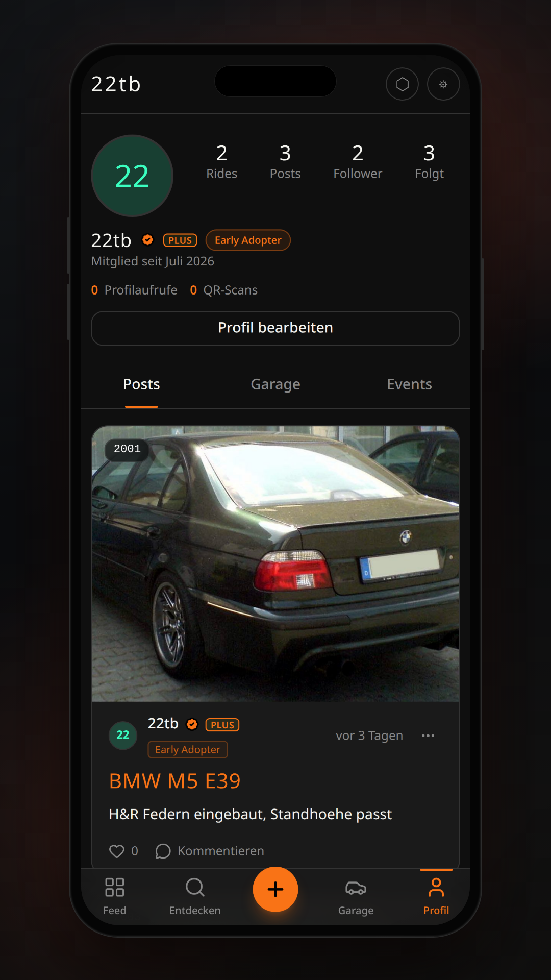 Revando Nutzerprofil mit Fahrzeugposts